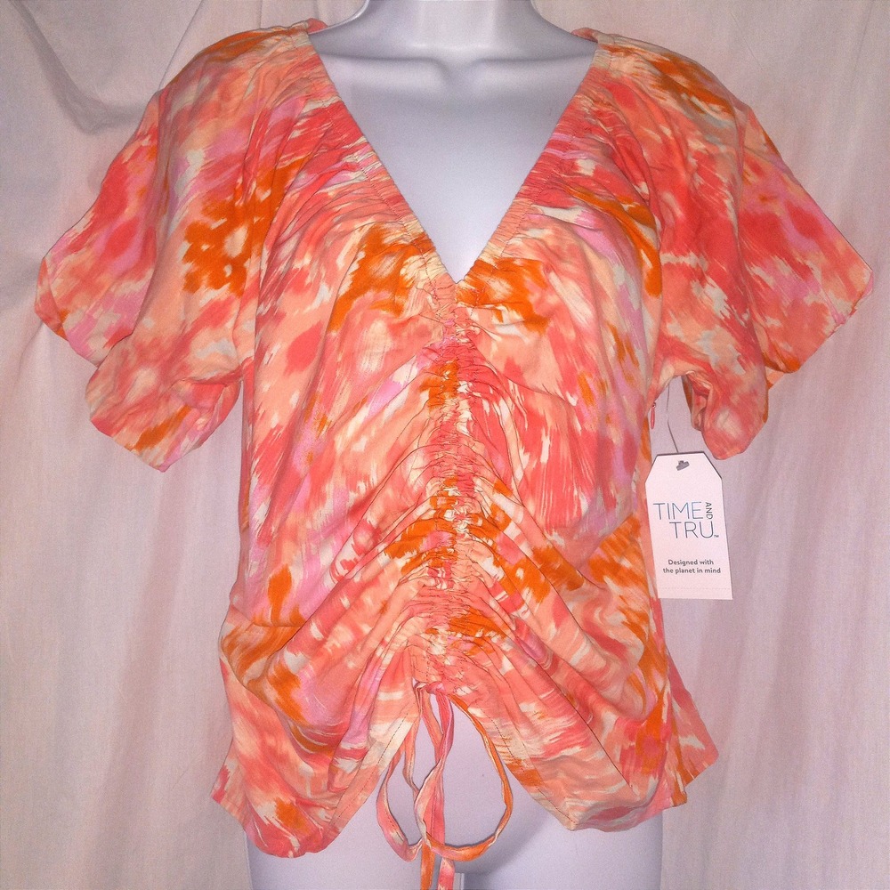 Time and Tru Tie-Front Top‎ Puff Sleeve Blouse Coral Blush S NWT